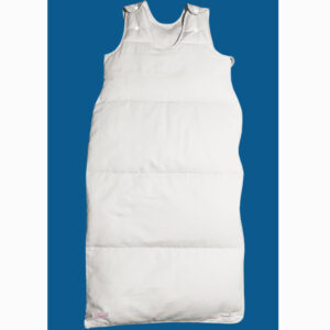 White baby sleep sack with quilted panels on a blue background; sleeveless, with snap closures at shoulders.